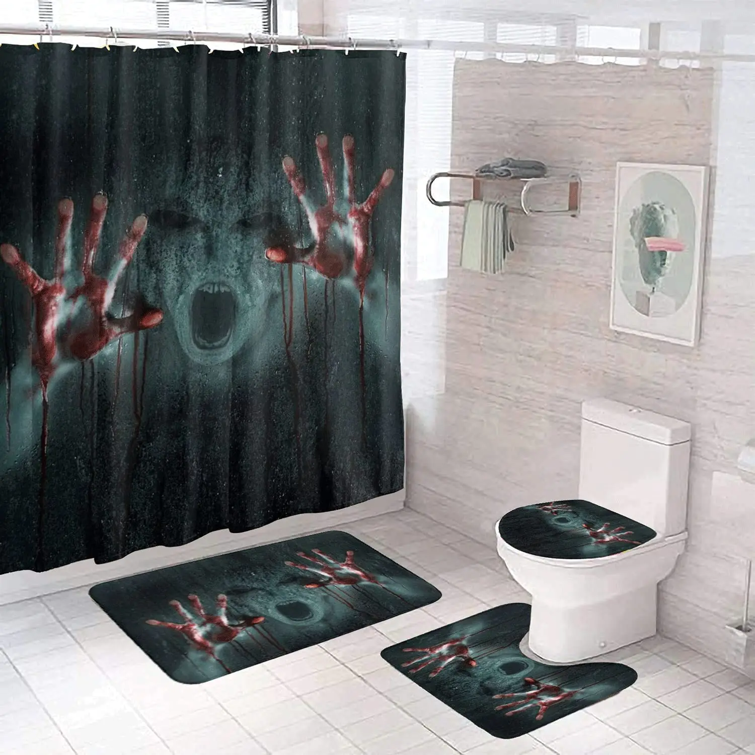 

Scary Bloody Ghost Hand Print Shower Curtain Set Carpet Cover Toilet Cover Bathroom Mat Cushion Cover Bathroom Curtain Household