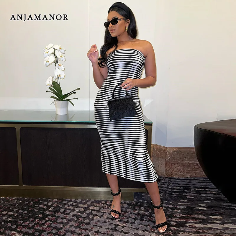 

ANJAMANOR Fashion Striped Print Long Dresses for Women Party Nightclub Sexy Split Tube Top Backless Bodycon Dress D96-BD22