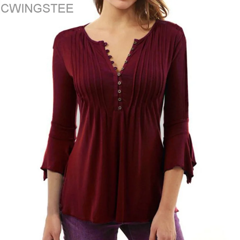 

2023 Women Summer V Neck 3/4 Sleeve Blouse Loose Sexy Camiseta Feminina Blouse Female Solid Pleated Blouse Tops