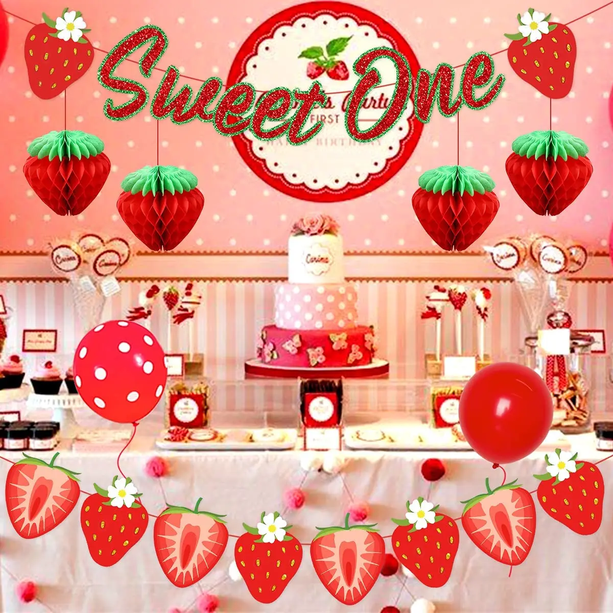 

JOLLYBOOM Strawberry Birthday Party Red Balloon Set Sweet One Banner Cake Topper Paper Honeycomb Ball for Girls 1st Birthday