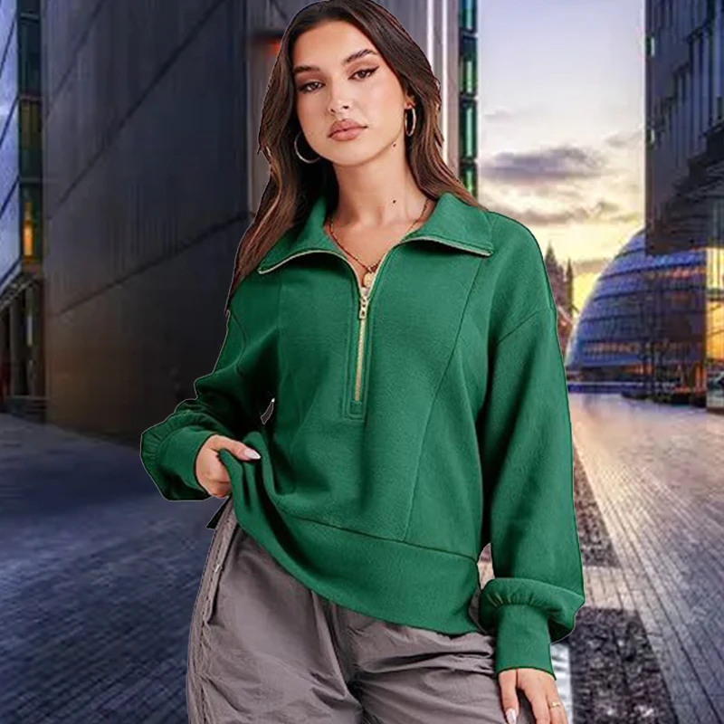 

Half Zipper Pullover Women Fashion Long Sleeve Sweatshirt Sweater Solid Color Autumn Winter Loose Casual Top Black Beige Hoodies