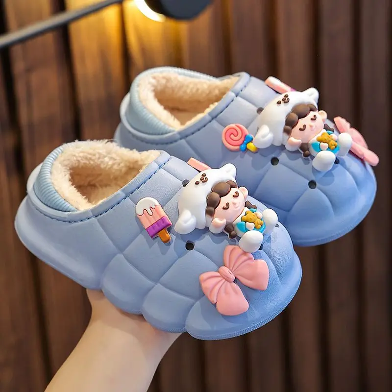 Blue Babi Winter Fur Clogs Kids Slippers For Girls Indoor Outdoor Mules Shoes Children's Waterproof Loafer Slipper Flip Flops