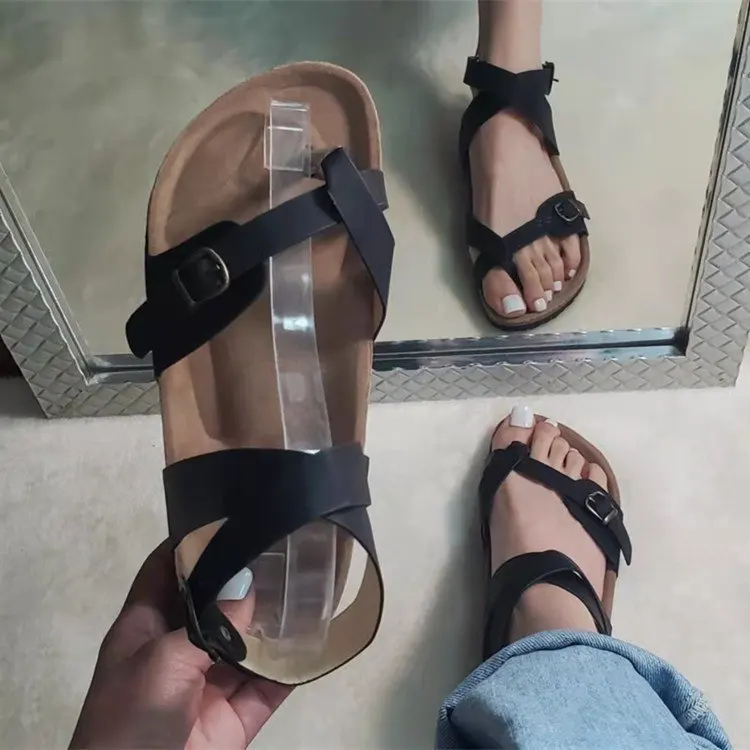 

Summer Women's 2022 Sandals Gladiator Cross Ankle Strap Sandals Platform Metal Buckle Flats Ladies Beach Shoes Plus Size 35-43