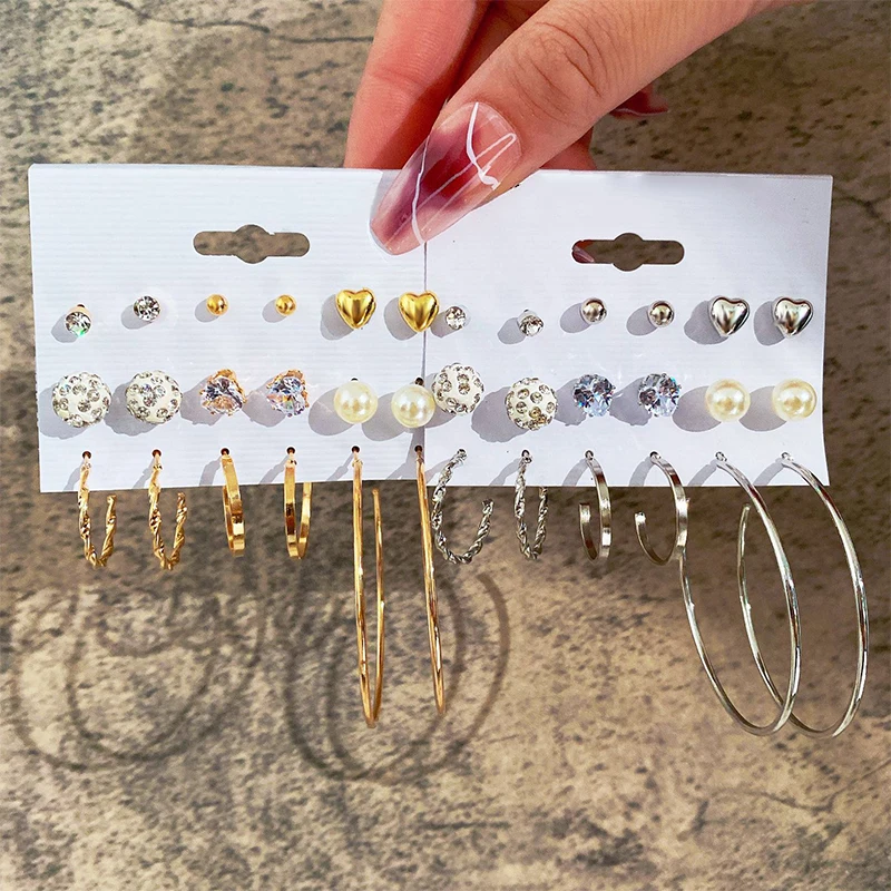 

9 Pairs/Set Retro Simple Design Circle Hoop Earring Set For Women Vintage Heart Butterfly Drop Earring Set Zircon Pearl Ear Stud
