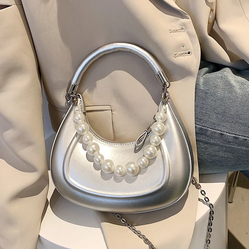 

Cute Tote Shoulder Crossbody Messenger Bag Armpit Bag with Pearl Short Handle 2022 Luxury PU Leather Women Trendy Summer Designe