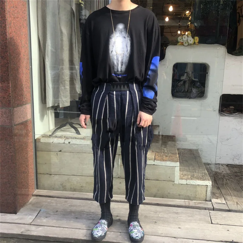 Men For KAPITAL 21AW And Women Solar System Two-Tone Cotton And Hemp Stripe Wide Leg Trousers Leisure Time Trousers