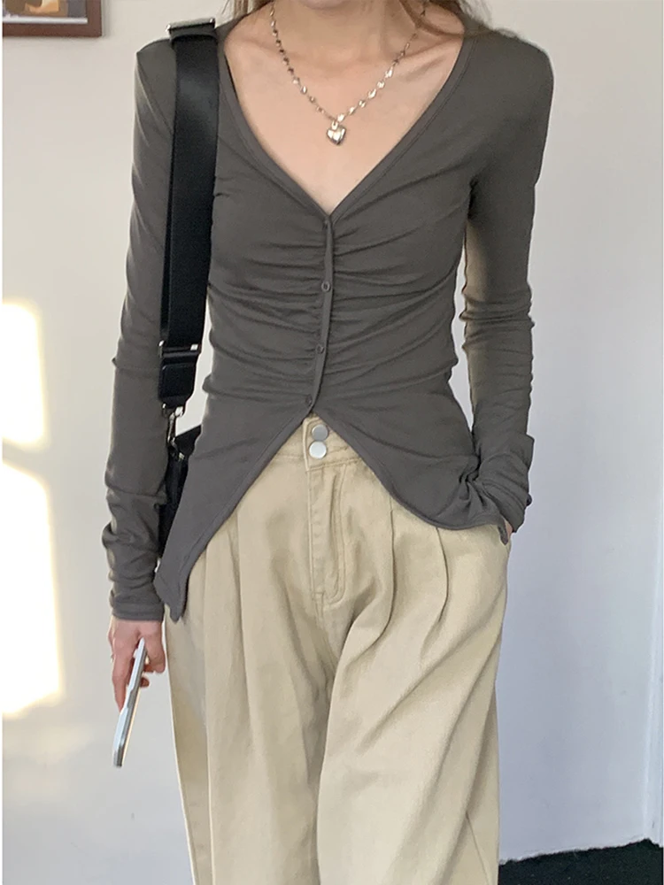 

Женская однотонная блузка с V-образным вырезом, длинным рукавом