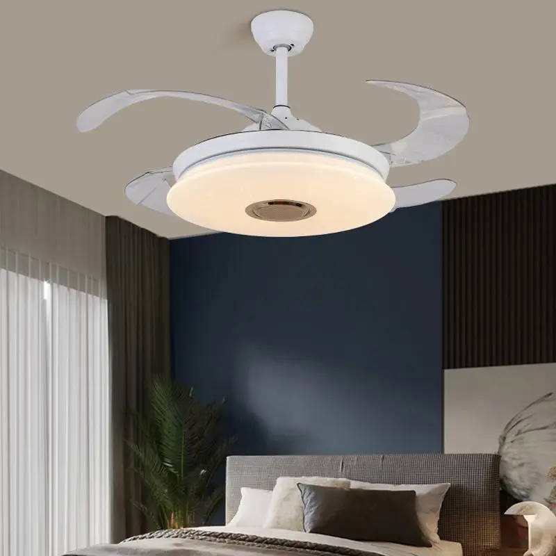 

42" RGB Led Music Ceiling Fans Light Retractable 4 Blade Folding Fan Lamp With APP Remote Control 6 Speed Dimming Hanging Lights