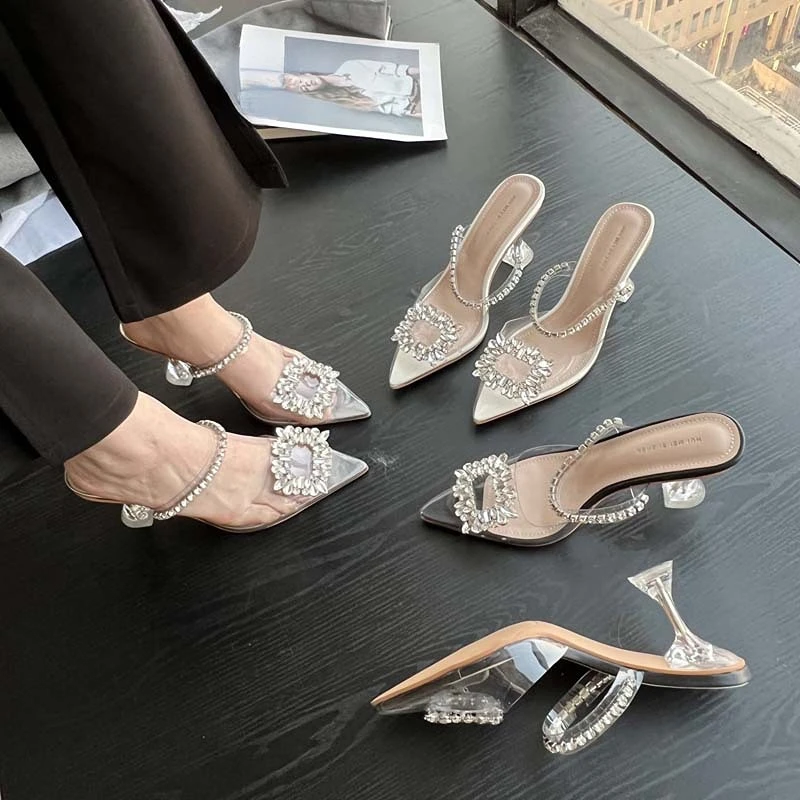 

BCEBYL 2023 New Fashion Pointy Women's Stiletto Heels Bao Tou Transparent Heel Rhinestone Sandals Women's High Heels
