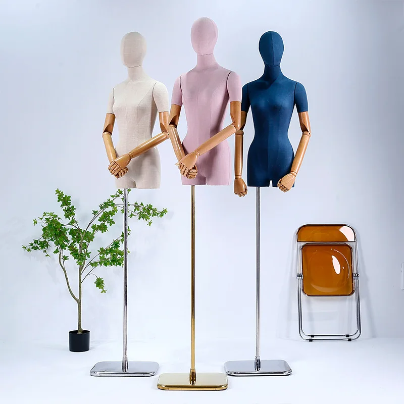 New Arrival Fabric Cover Female Half Body Mannequin Metal Base with Wood Arm for Wedding Clothing Display Women Adjustable Rack
