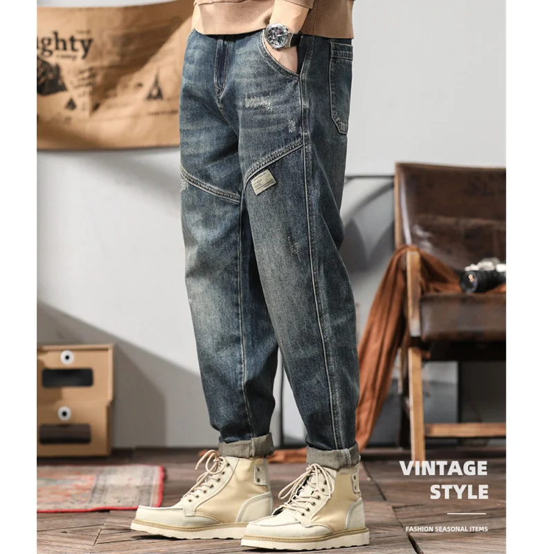 Streetwear Men 2022 New Pattern Vintage Splicing Recreational Blue Pants Straight Cylinder Comfortable Loose Jeans Autumn Female