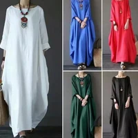cotton linen 2022 new summer casual dress women elegant clothes o neck 5 color vintage three quarter sleeve robe maxi dresses