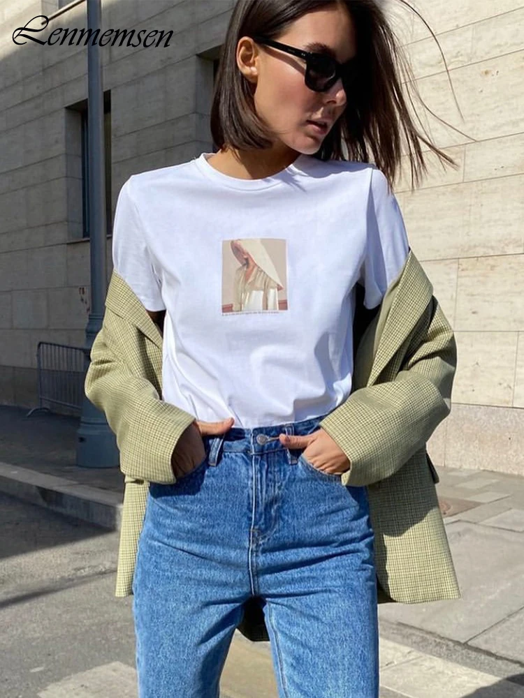 

Lenmemsen Artistic Character Graphic T Shirts Women Summer Soft 100% Cotton Short Sleeve Tees Female Trendy Loose Streetwear Top