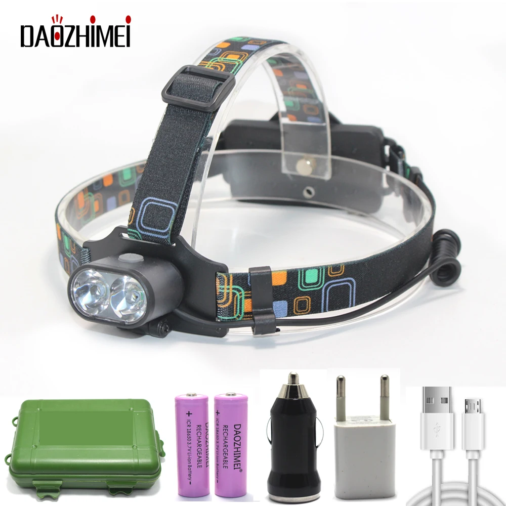 

8000 LM USB Rechargeable XM-L T6 Headlamp 2*T6 3 Modes Self Defense Camp Head Headlight 18650 Battery Front Light