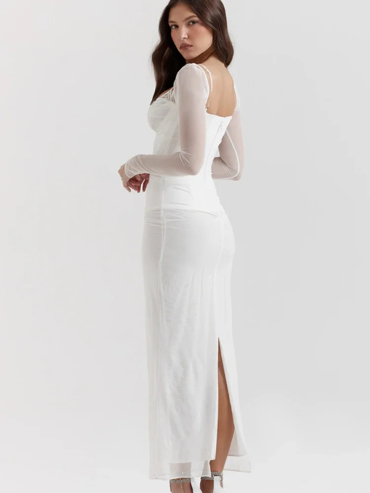 Mingmingxi Сетчатое длинное платье-корсет с длинным рукавом сексуальное облегающее