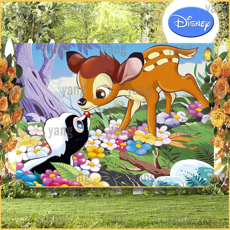 Cartoon Colorful Decoration Newborn Bambi Of Fawn Baby Disney Cake Table Backdrops Banner Happy Birthday Custom Party Background enlarge