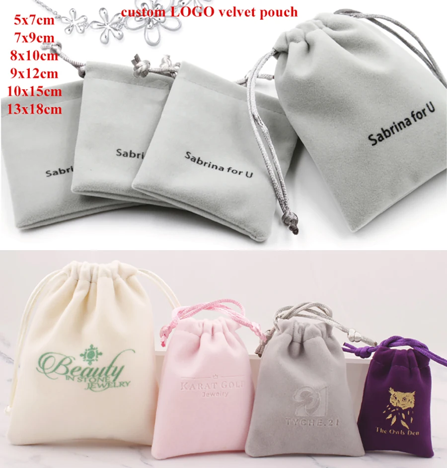 100pcs/Lot Custom Logo Velvet Small Bag Personalized Jewelry Pouches 5x7 7x9 10x15 13x18cm Storage Wedding Favor Bags Cosmetic