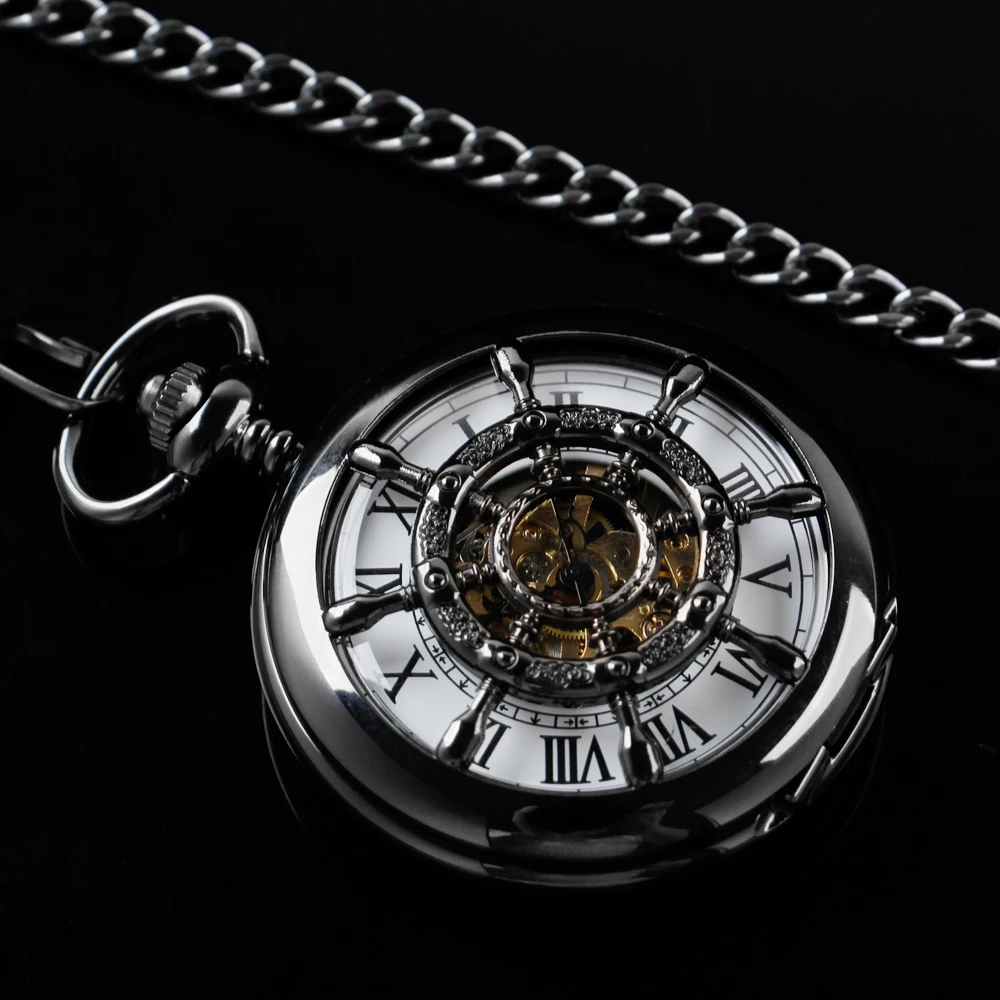 Vintage Black Rudder Hollowed-Out Mechanical Manual Pocket Watch Gold Roman Digital Skull Dial Pendant Automatic Antique Clock