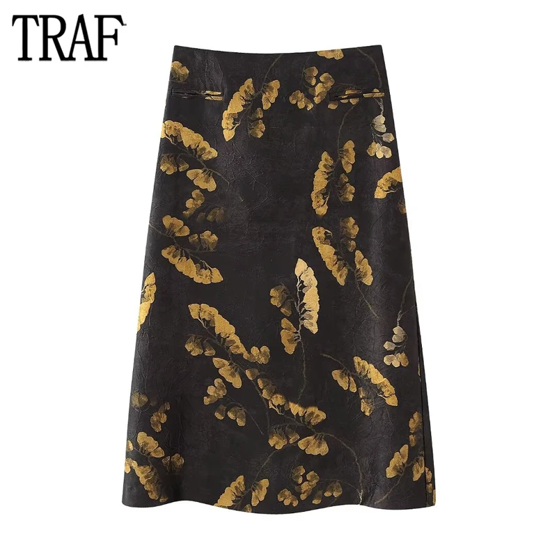 

TRAF 2024 Print Long Skirts for Women High Waist Midi Skirt Women Vintage Office Woman Skirts Streetwear Straight Women's Skirts