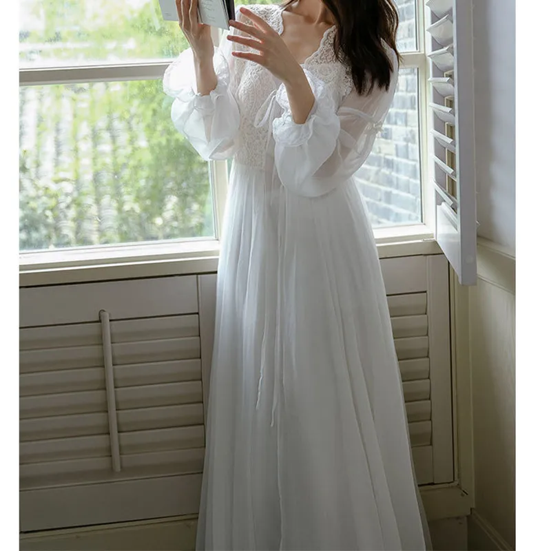 Women White Long Morning Robe Princess Two-Pieces Lace Nightgown Gauze Full Sleeve Nightdress Lining Spaghetti Strap Nightie New