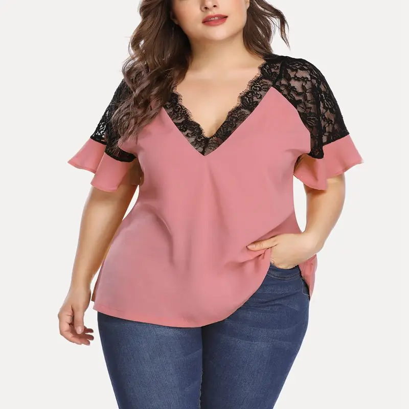 Фото Новая летняя модная футболка больших размеров 4XL, 5XL, 6XL, качественная женская футболка с коротким рукавом, сексуальная повседневная футболка с v-образным вырезом и кружевной строчкой №4