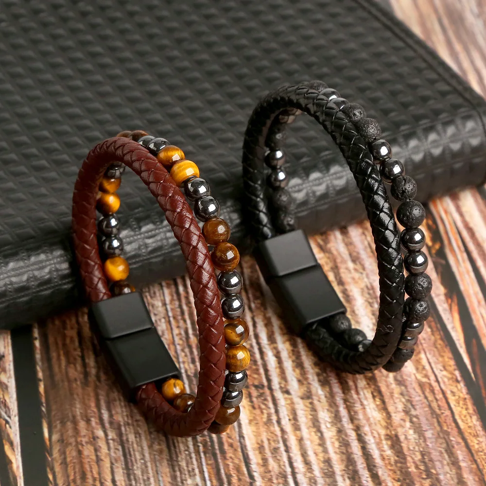 

New Men Jewelry Handmade Microfiber Woven Tiger Eye Natural Stone Volcanic Stone Bracelet Leather Beaded Bracelet BR1140