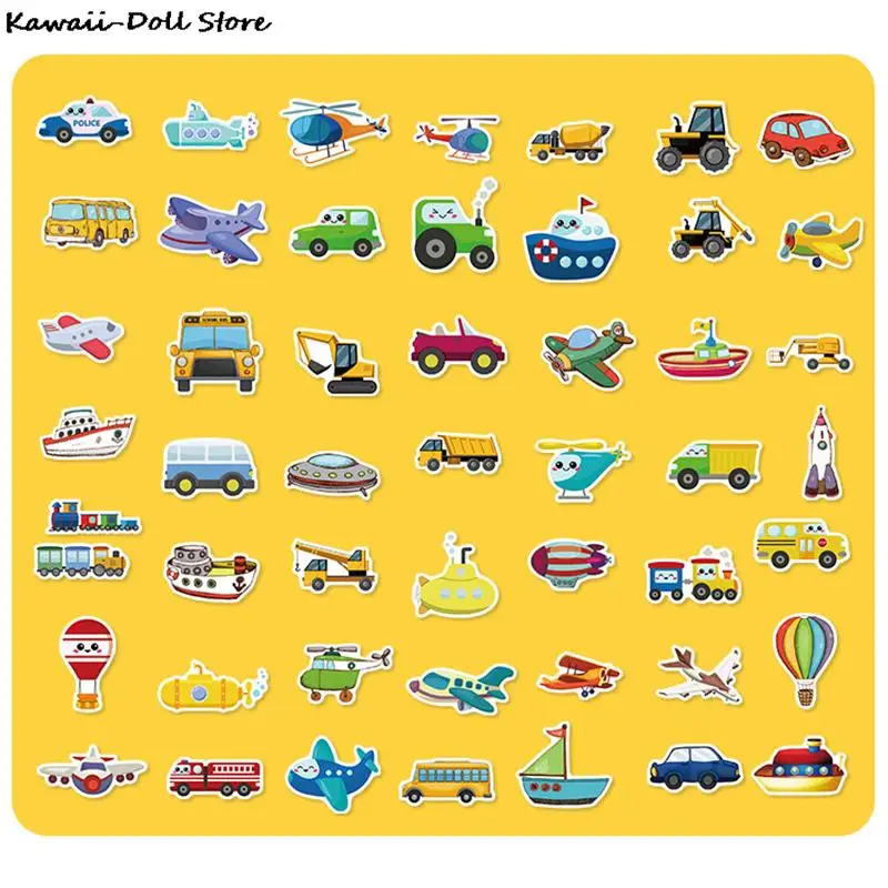 

50Pcs Transportation Cartoon Sticker Toys For Boys Car Ship Aircraft Anime Sticker For DIY Kids Toys Room Learning Traffic Tool