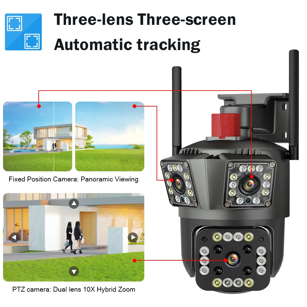 CANSITUM 9MP HD WIFI IP Outdoor Three Lens Three Screen  Camera Auto Tracking  Motion Detection PTZ Waterproof Security  System