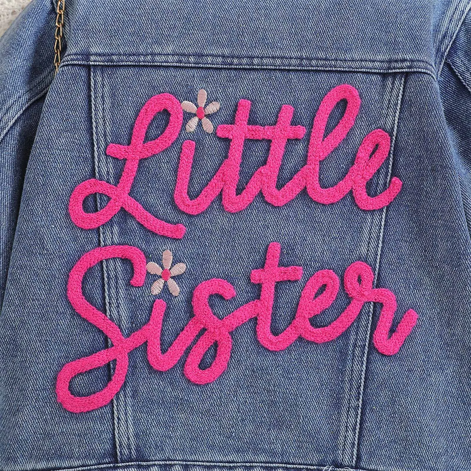Toddler Baby Kid Girls Denim Jacket Big Lil Sister/Brother Letter Embroidery Jean Jackets Long Sleeve Button Birthday Gift Coats