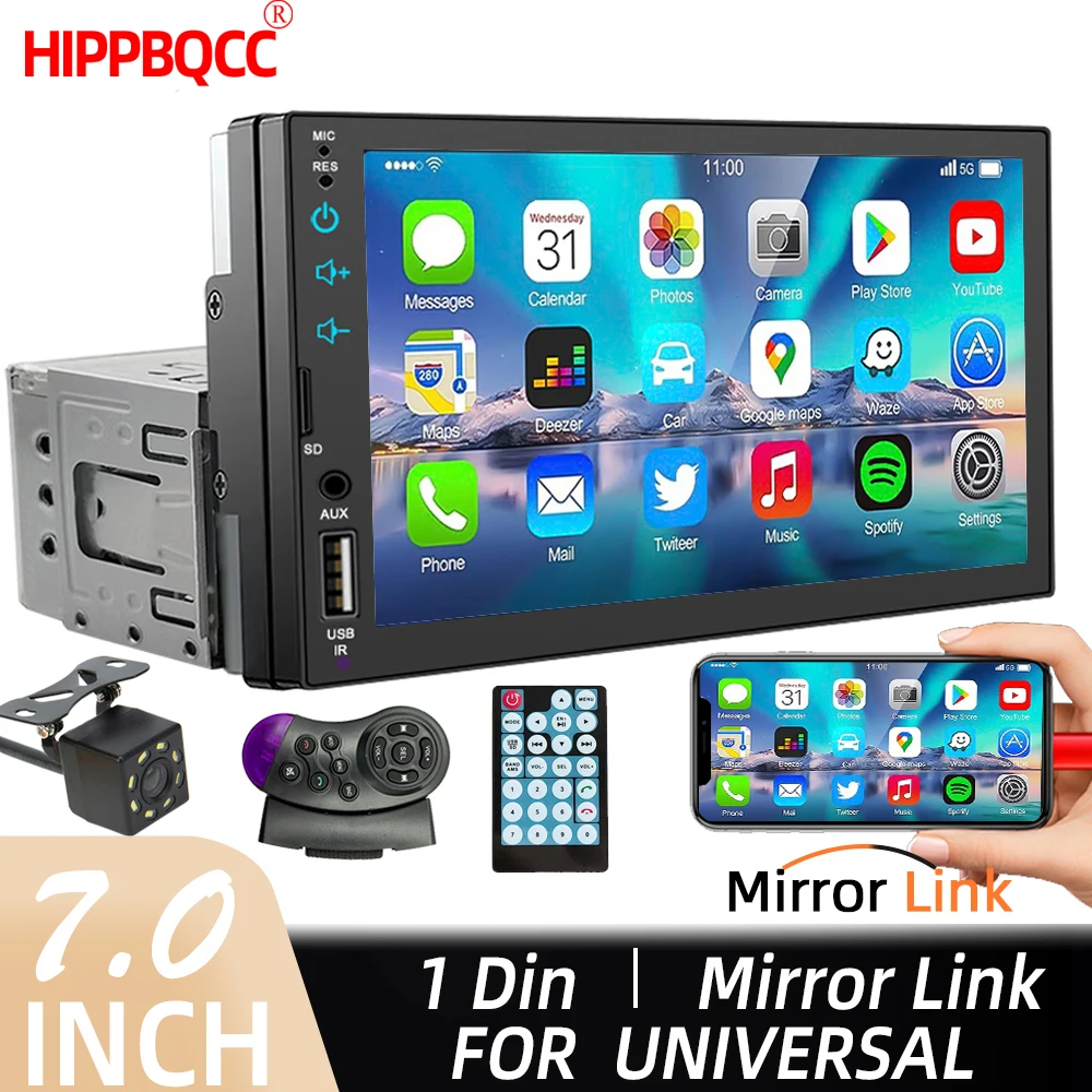 HIPPBQCC 7-дюймовый автомобильный радиоприемник 1 Din MP5 с сенсорным экраном