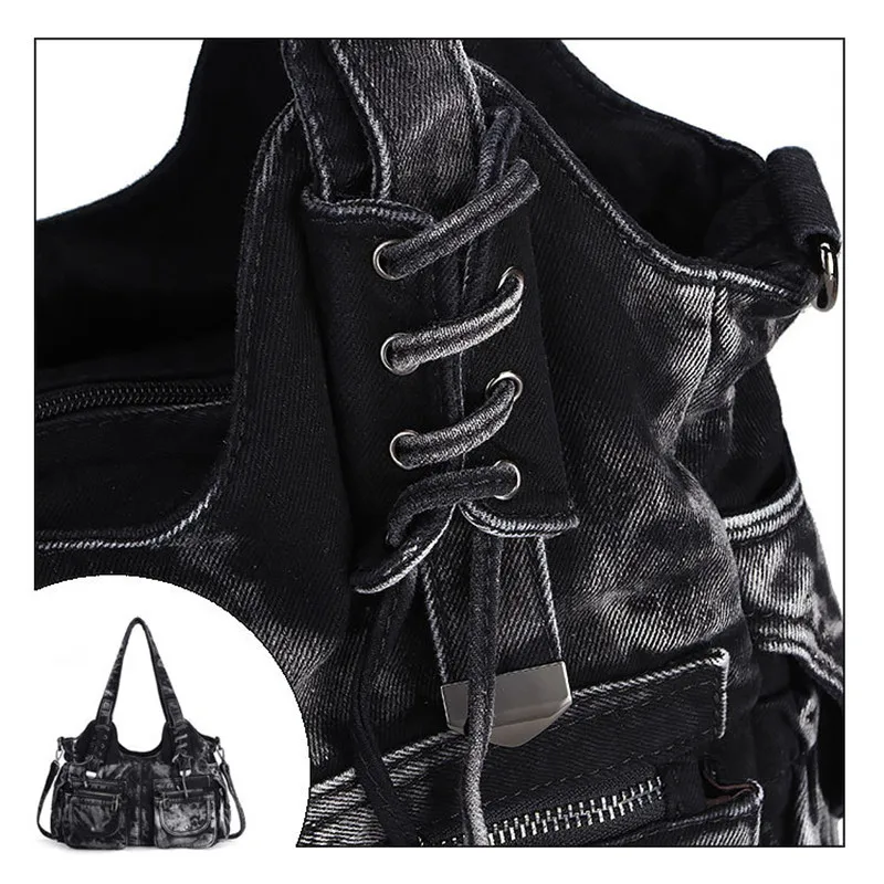 Women Bag Jeans Tote Vintage Shoulder Bag Casual Denim Zipper Handbag Large Capacity Weave tape Creative Fashion Messenger Bag