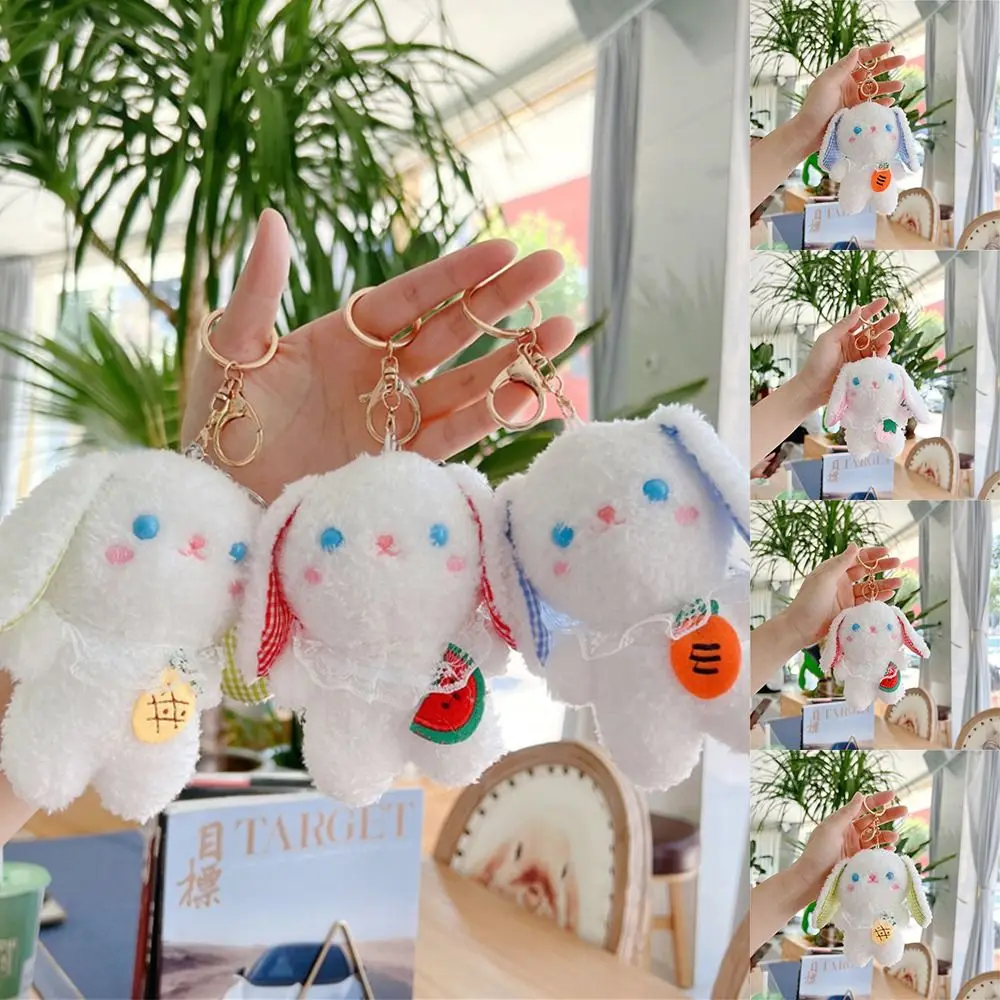 

Cartoon Design Lace Long Ear Rabbit Pendant Kawaii Key Ring Plush Bunny Hold Fruit Key Chain Pendant Bag Charms Boy