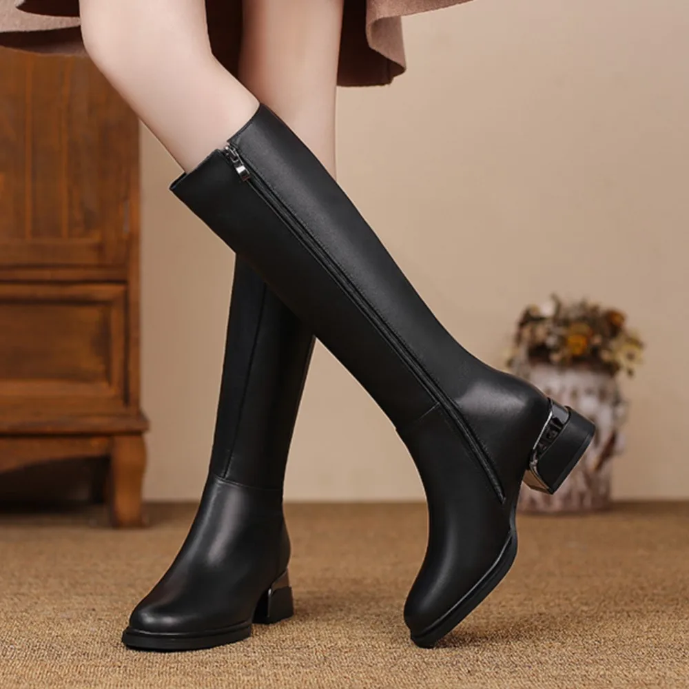 

Dilalula Women Knee High Boots Office Ladies Casual Autumn Winter Genuine Leather Long Boots Thick Heels Side Zipper Shoes Woman