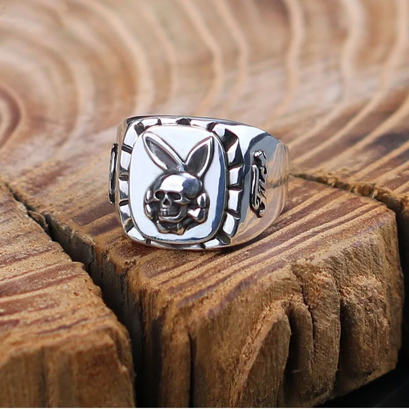 Мужское кольцо ручной работы с мексиканским черепом и кроликом смерти