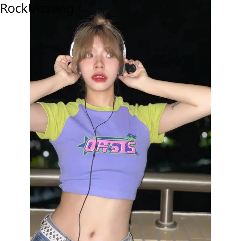 

Короткий топ с контрастным графическим принтом и надписью, летний женский короткий топ, Сексуальная футболка в стиле гранж, y2k, ткань в стиле Харадзюку, kpop