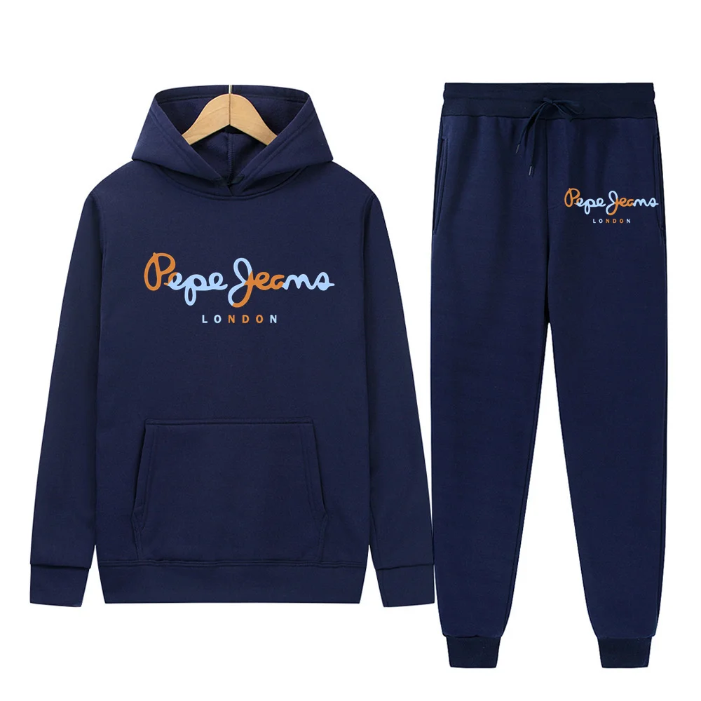 

2022 New Pepe-Jeans Brand Printed Sportswear Men 16colors Warm Two pieces set Loose hoodie sweatshirt + pants set Hoodie jogging