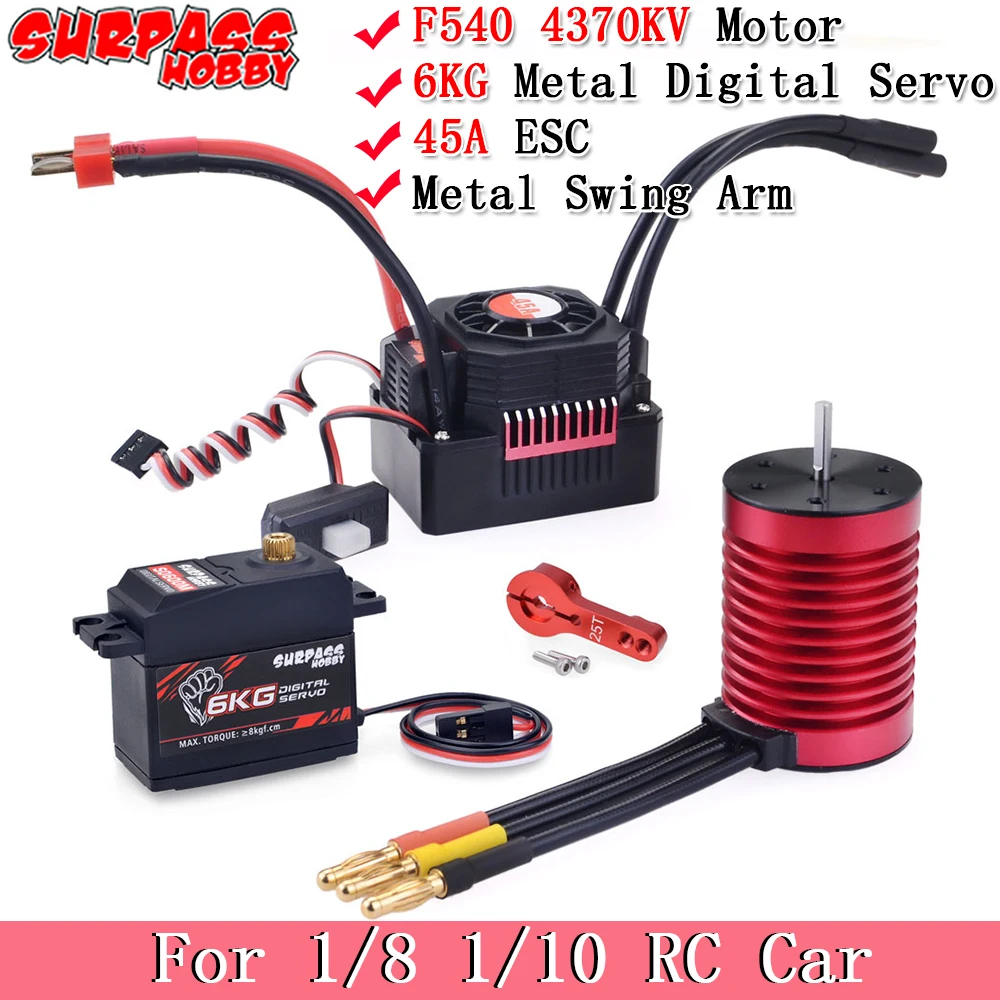 

Водонепроницаемый комбинированный бесщеточный двигатель SURPASS HOBBY KK F540 4370KV с 45A ESC + цифровой сервопривод 6 кг + металлический поворотный рычаг для радиоуправляемого автомобиля 1/8 1/10