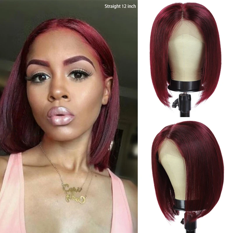

13x4 Short Bob Wigs Straight 99J Red Colored Lace Wigs Brazilian Remy Lace Front Human Hair Wig Pre Plucked 150% Cheap