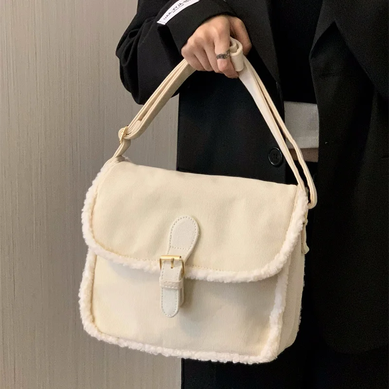 

Fashion Corduroy Women Purse Shoulder Bags Solid Color Ladies Winter Furry Crossbody Bags Casual Plush Female Tote Handbags