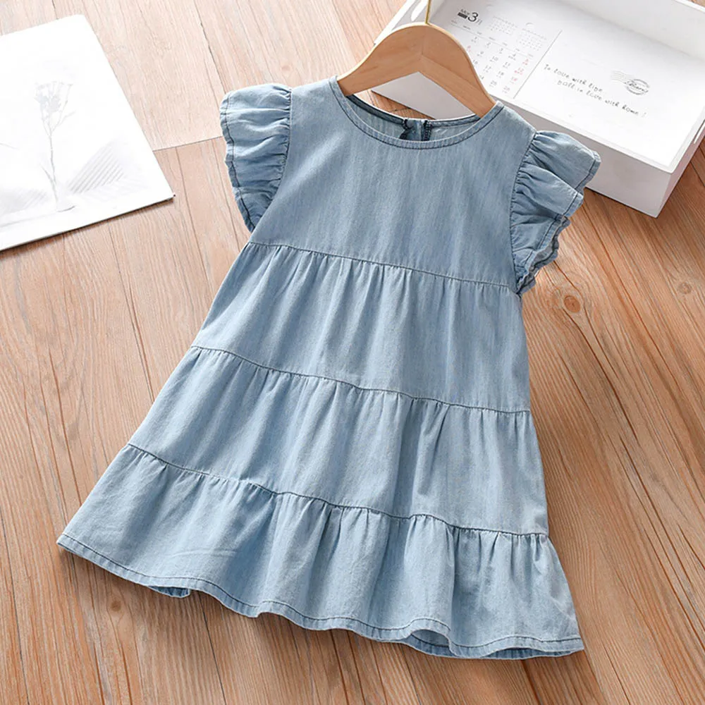 

Kids Girls Fashion Dresses 2022 Summer New Solid Color Loose Round Neck Princess Dress Ruffled Denim Dress for Party for 2-6 Y