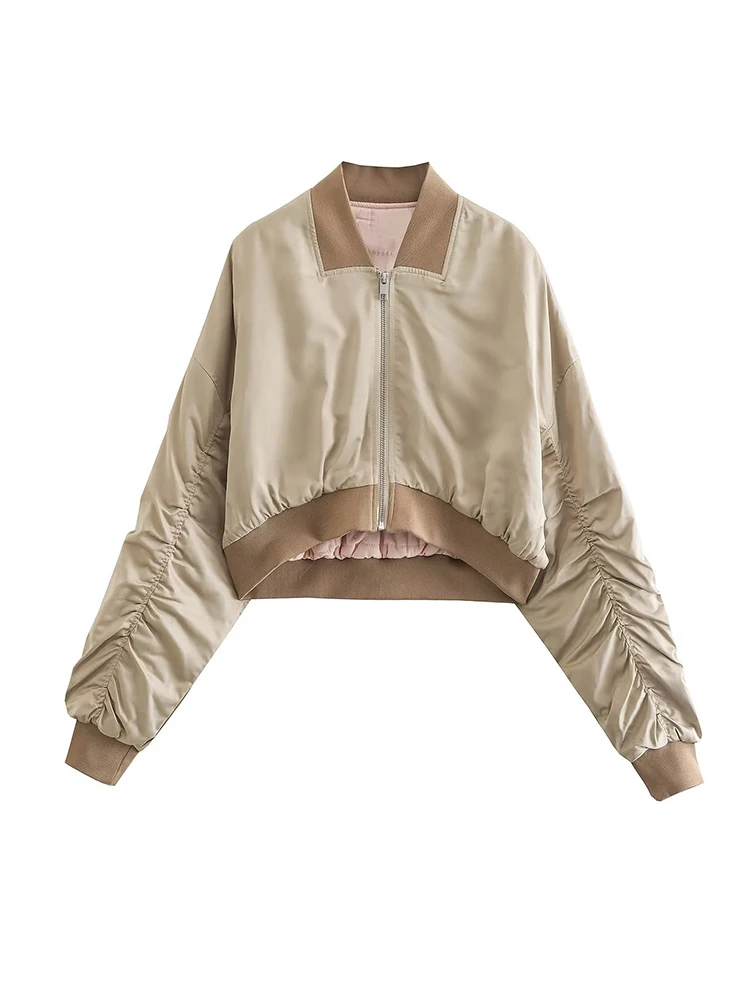 

2022 Women Short Bomber Jacket Pleated Long Sleeve Zipper Female Autumn Winter Crop Outerwear