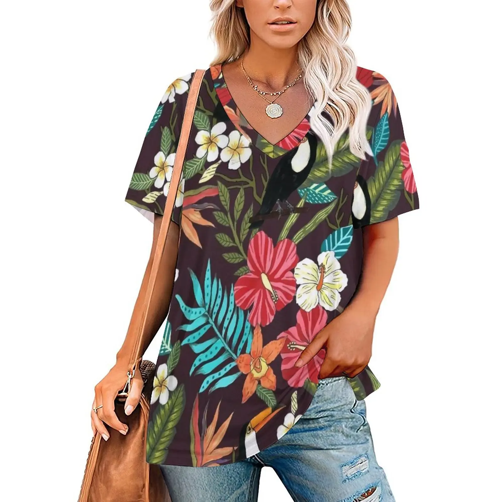 

Colorful Flower Print T Shirts Tropical Floral Bird Leaf Street Fashion Oversized T Shirt Women Modern Tshirt Beach Graphic Tops