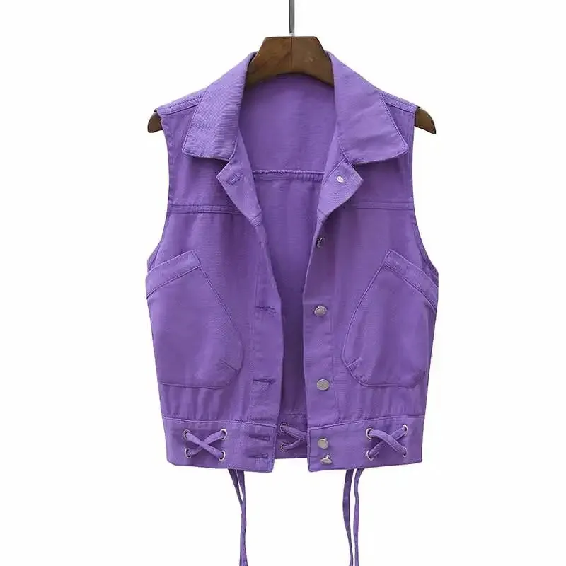 

Женская джинсовая куртка без рукавов, с отложным воротником и карманами