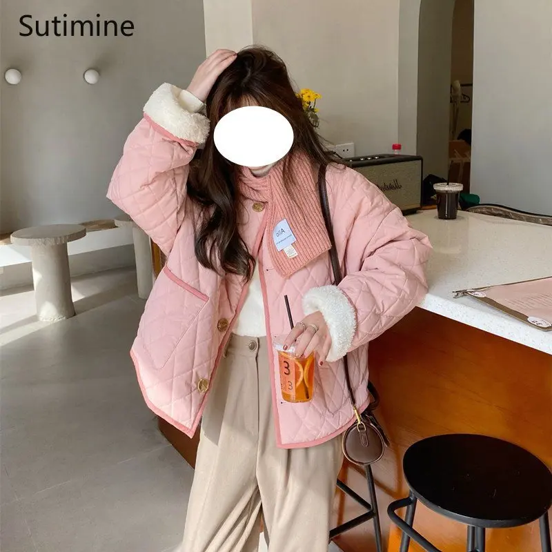 Autumn and Winter Coat Women Sweet Button Pockets Collarless Loose Soft Cotton Lamb Coat Wide-waisted  Winter Coat Women