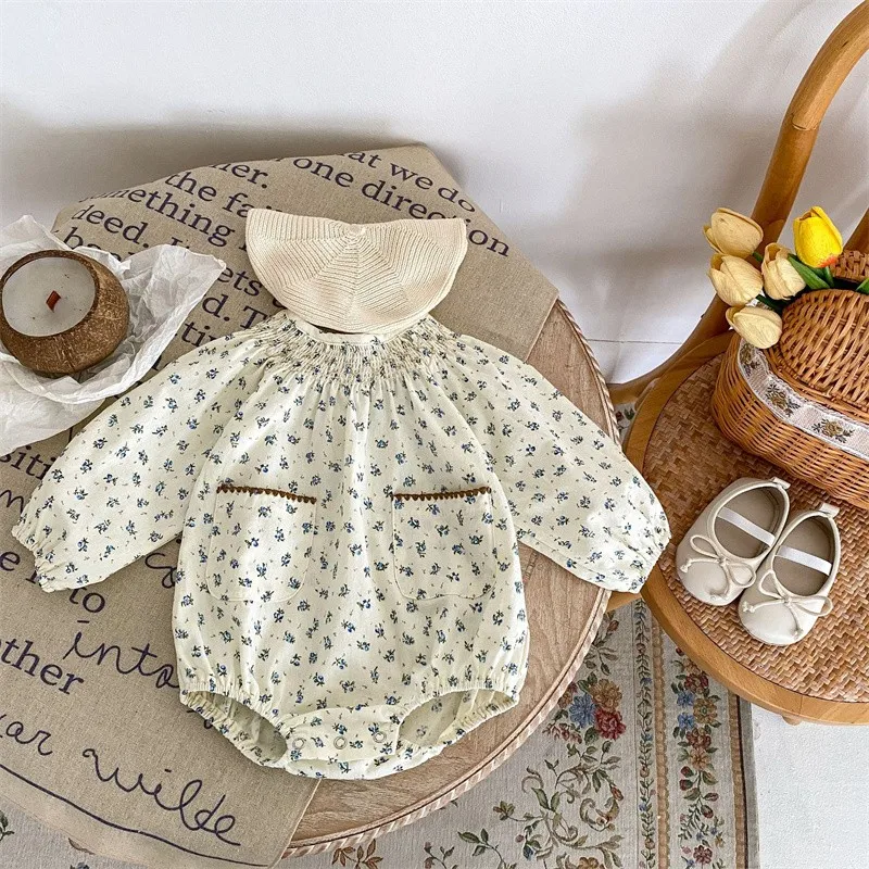 

MiniAinis Autumn Winter Baby Collar Tightening Romper Girls Long Sleeve Bodysuit Girl Floral Triangular Jumpsuit Kids Clothes