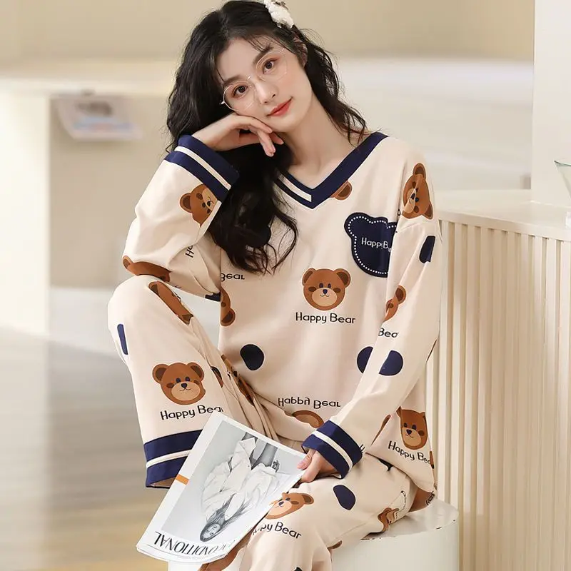 New spring and autumn pajamas women's cotton long-sleeved suit cute cartoon wearing casual student home clothes two-piece.