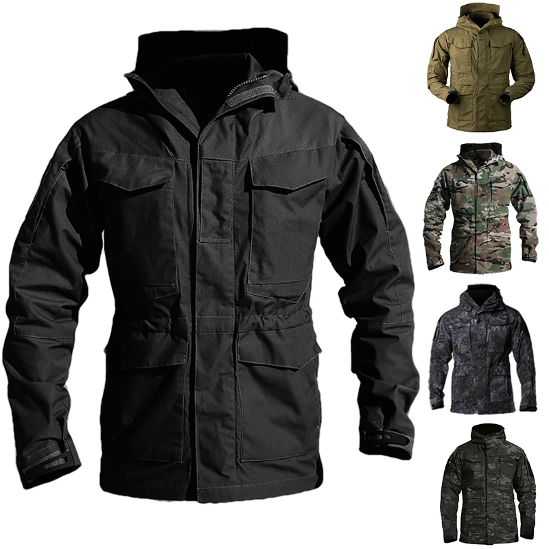 

Men Outdoor Tactical Windbreaker Jacket Waist Adjustable Windproof Mid -length Leisure Jacket With Hat Men's Autumn Winter Coat