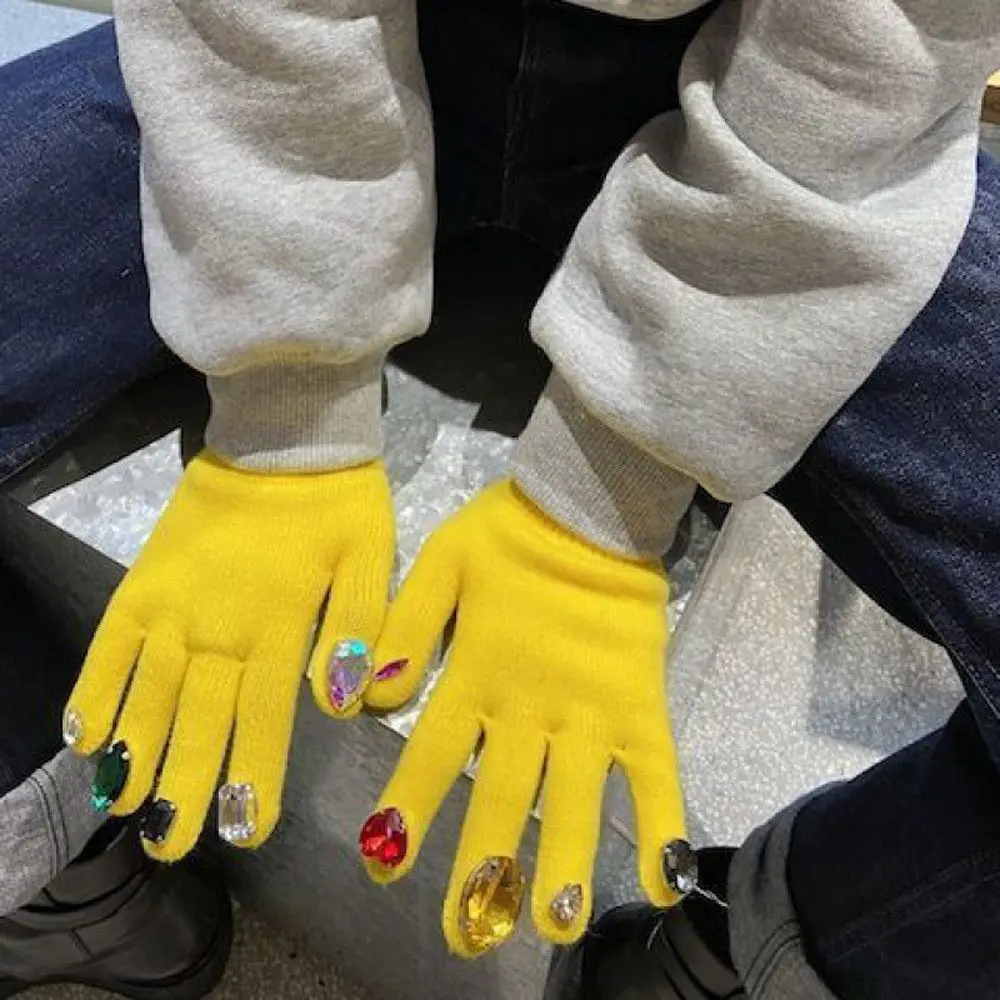 

Korean Ins Random Color Rhinestones Gloves Knitting Fingernail Gloves Women Winter Warm Fashion Mitten