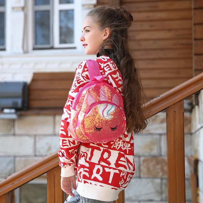 Sequined Unicorn Backpack Cute Cartoon Small Bag For Girls Women Casual Bags Unicorns Kids Kindergarten Bag Polyester Pink