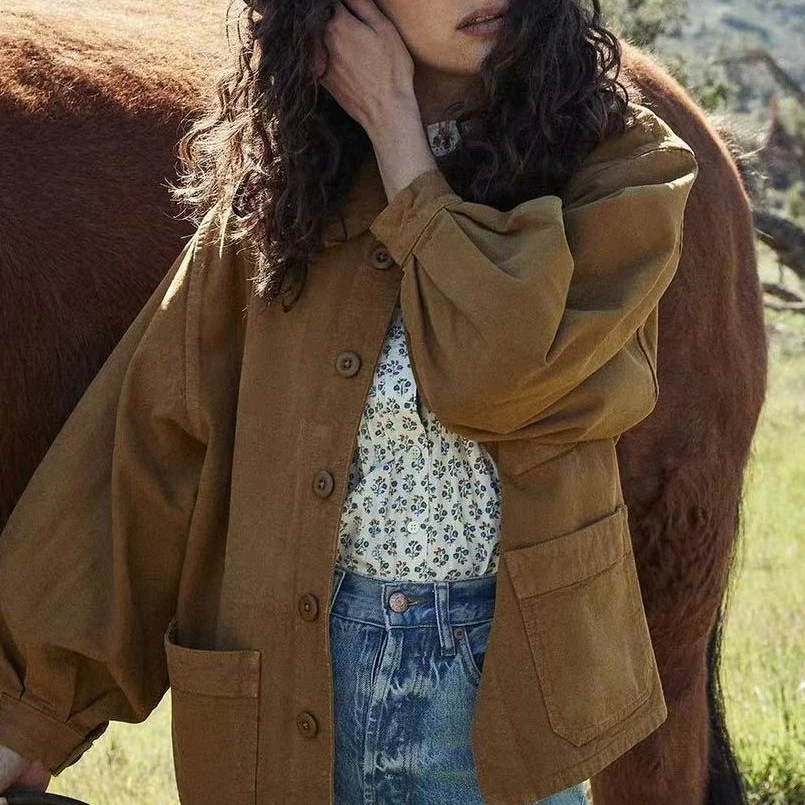 

Women Retro fashion Coat Turn-down Collar Single Breasted Simple Outerwear Long Lantern Sleeve Ladies Jacket 2022 New